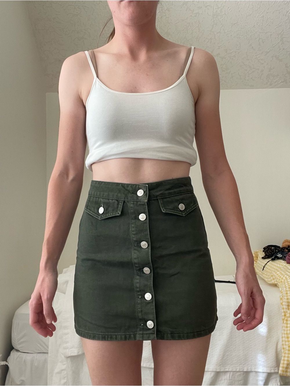 High-Waist Dark Green Button-Front Denim Mini Skirt